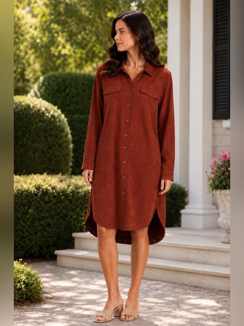 UMGEE The Willowridge Amber Rust Suede Button-Down Cardigan Dress Sz L